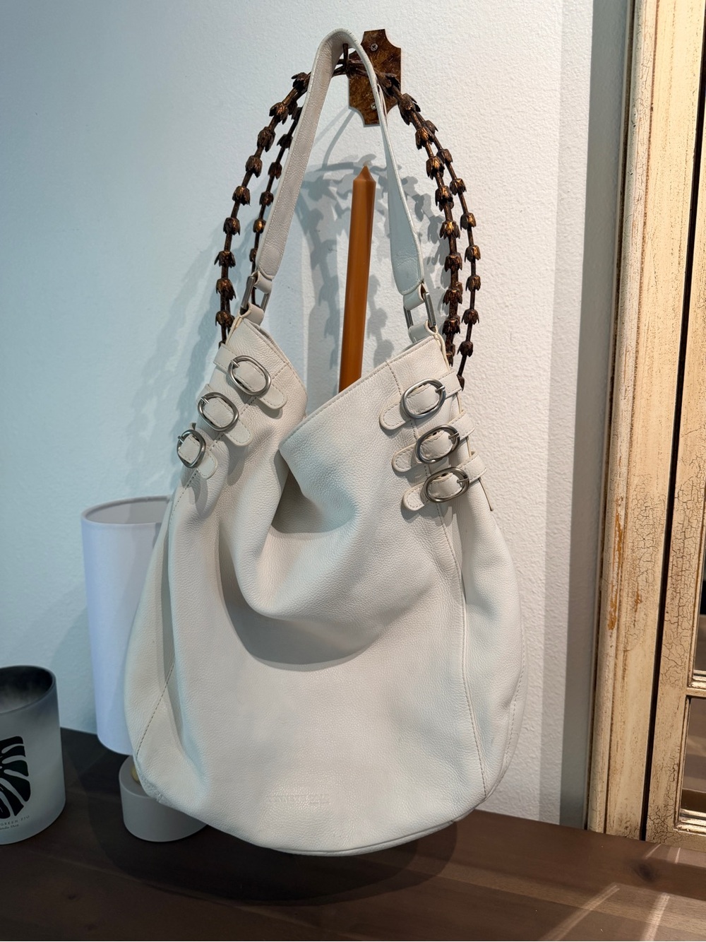 KENNETH COLE Cream Leather Shoulder Hobo Bag with Buckle Detail